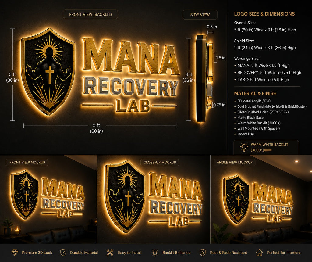 Maneuver Recovery Lab logo design with dimensions and mockups on a dark background