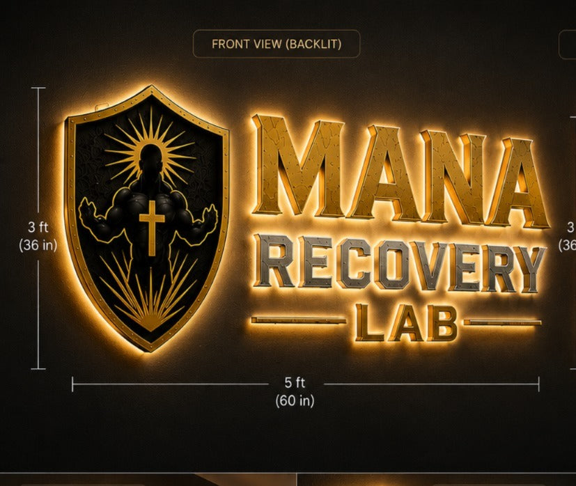 Mane Recovery Lab sign with dimensions on a dark background